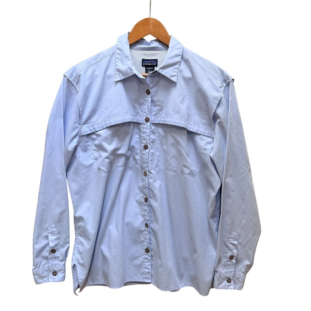 Patagonia Button Down Shirt Womens L Blue Fishing Hiking Long Sleeve Vent Top